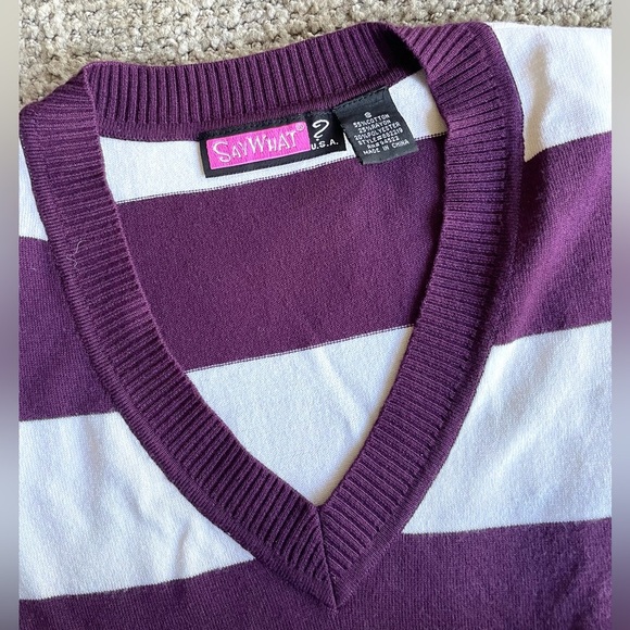 Striped Long V-Neck Knit Sweater Top Cap Sleeve SMALL SAY WHAT - Picture 6 of 8